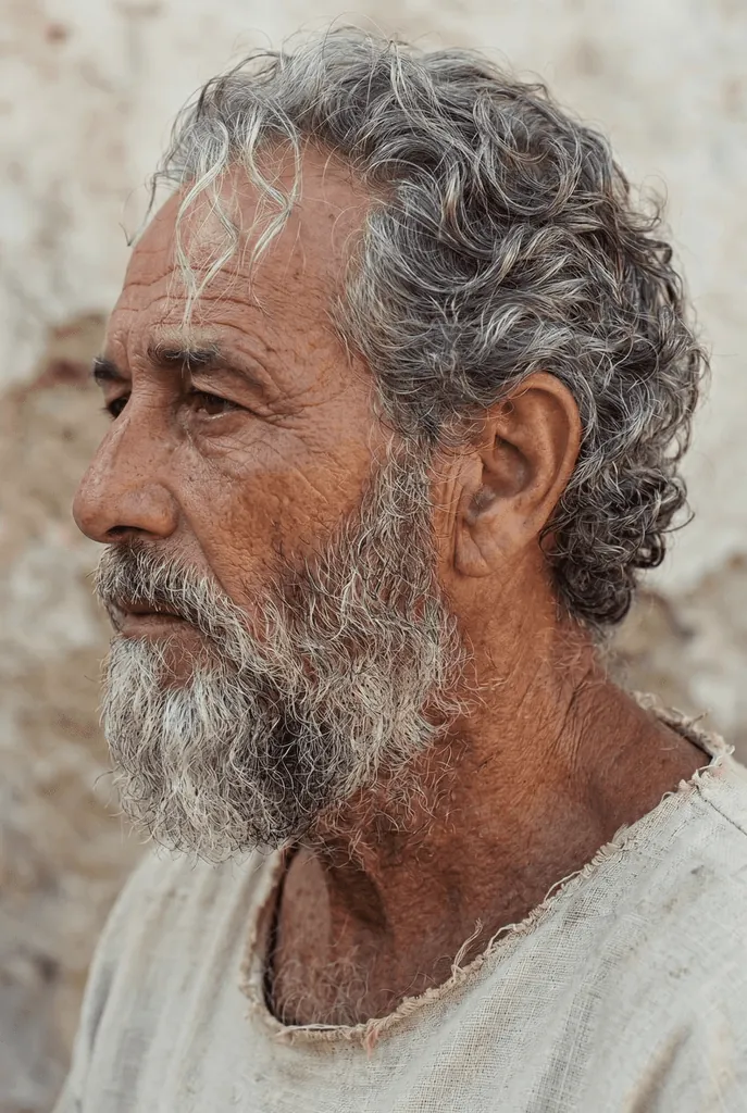 An old man with a gray beard in a rough linen tunic