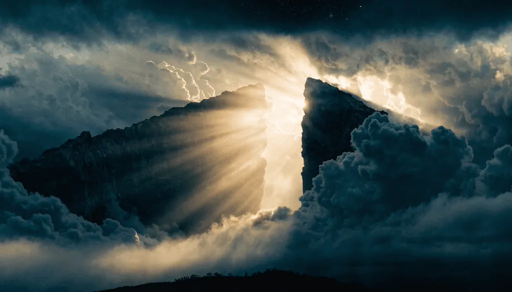 Light bursting through a split mountain above the clouds