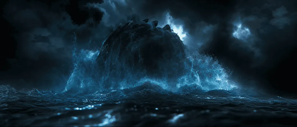 A dark mass rising from a storm-lit sea